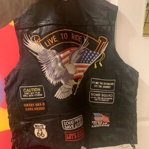 Men's Black Leather Motorcycle Biker Vest with Live to Ride USA Patches size XL